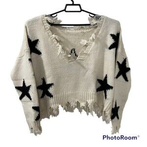 Storia Womens Ivory Knit Star Patched Cropped Sweater Fringed Hem Size Large